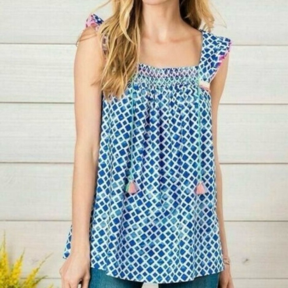 Matilda Jane NWOT Wandering Waters Blue White Smocked Flutter Sleeve Top Tunic